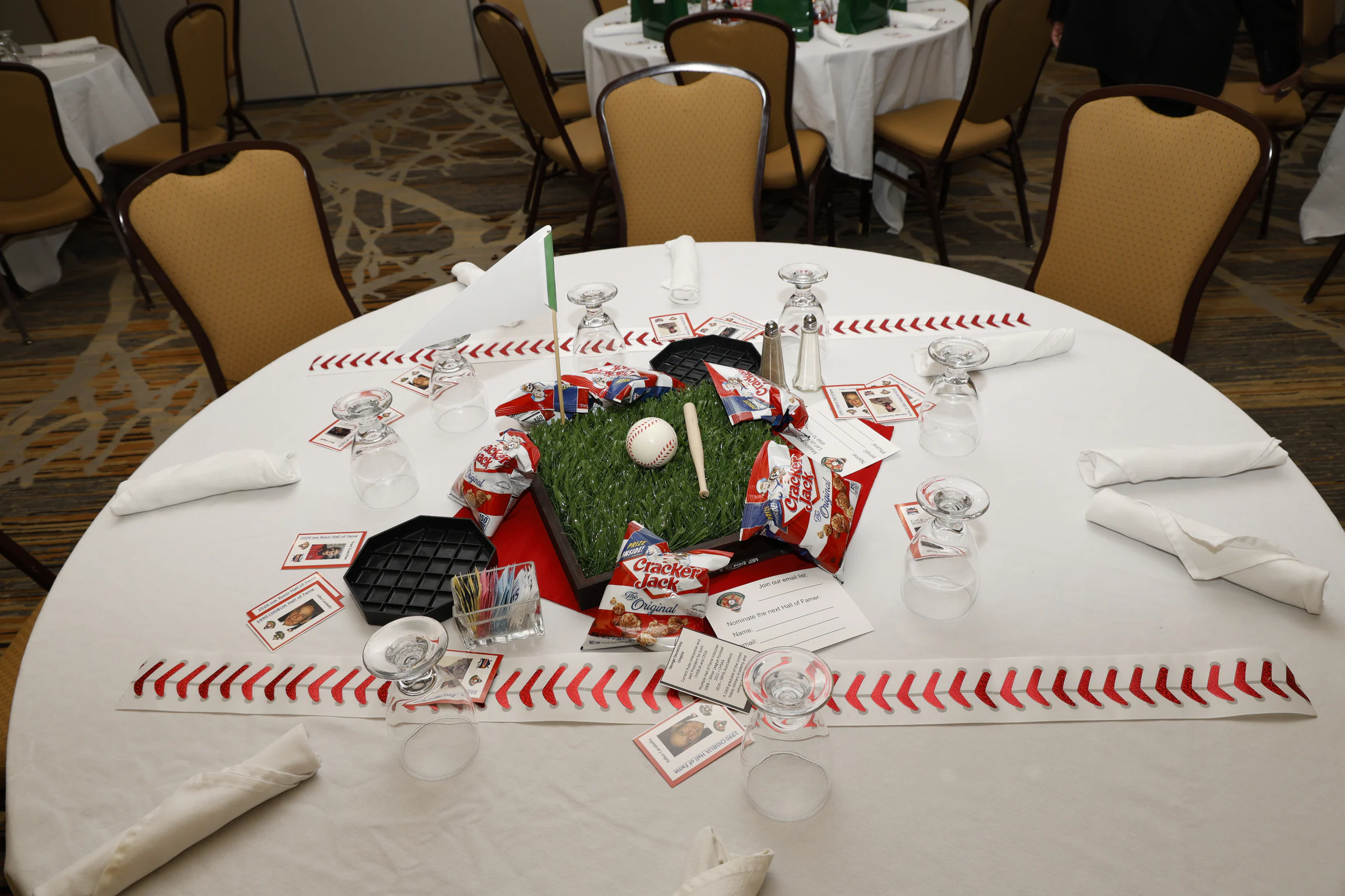 Baseball-themed table setting at the 2026 Hall of Fame Induction Banquet